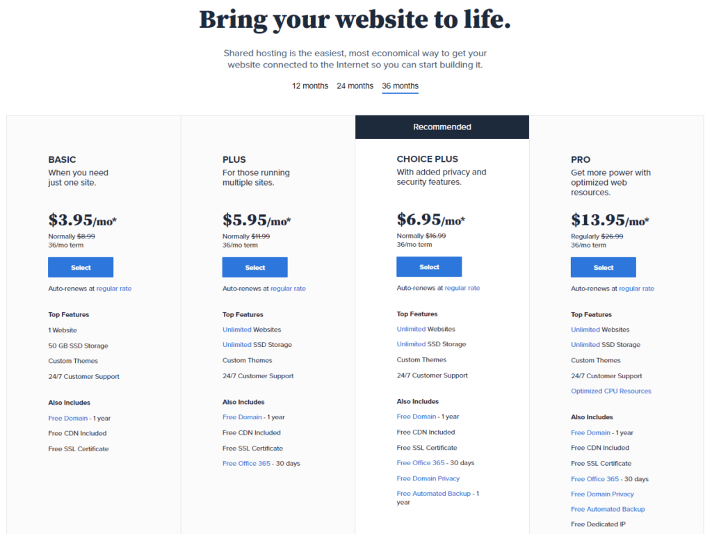 Bluehost pricing table