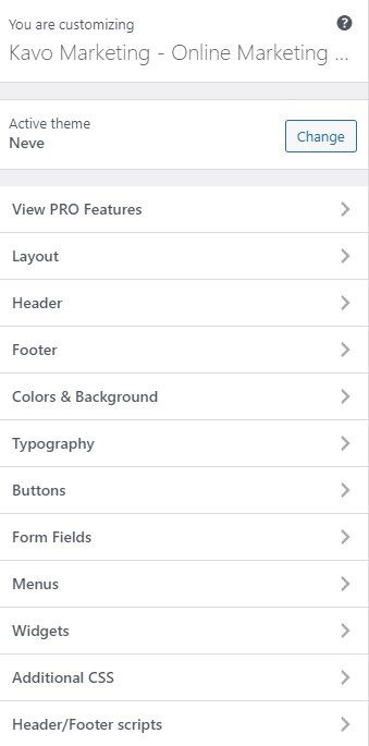 WordPress Neve theme customization panel