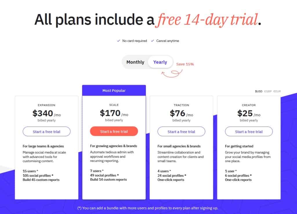 Sendible Pricing Table