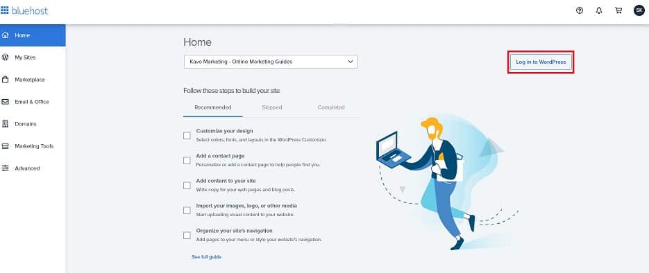 Bluehost dashboard login